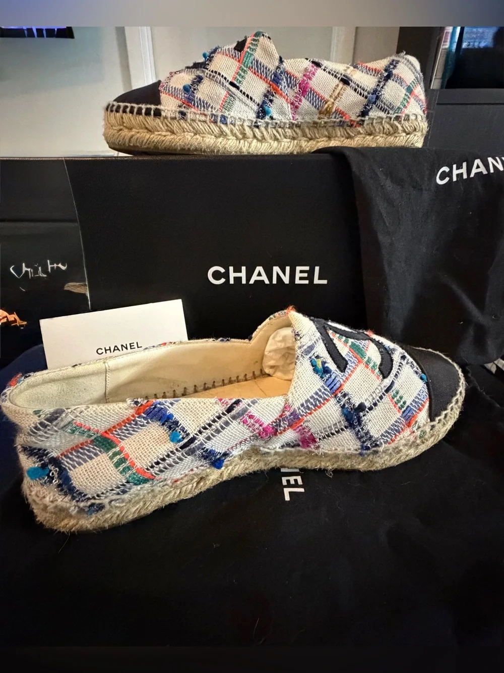 Authentic CHANEL Multicolor Tweed Espadrilles with Black Cap Toe